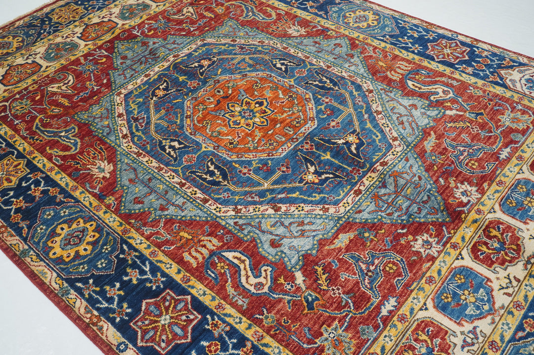 6x9 Red Blue Mamluk Turkish Hand knotted Geometric Medallion Rug - Yildiz Rugs