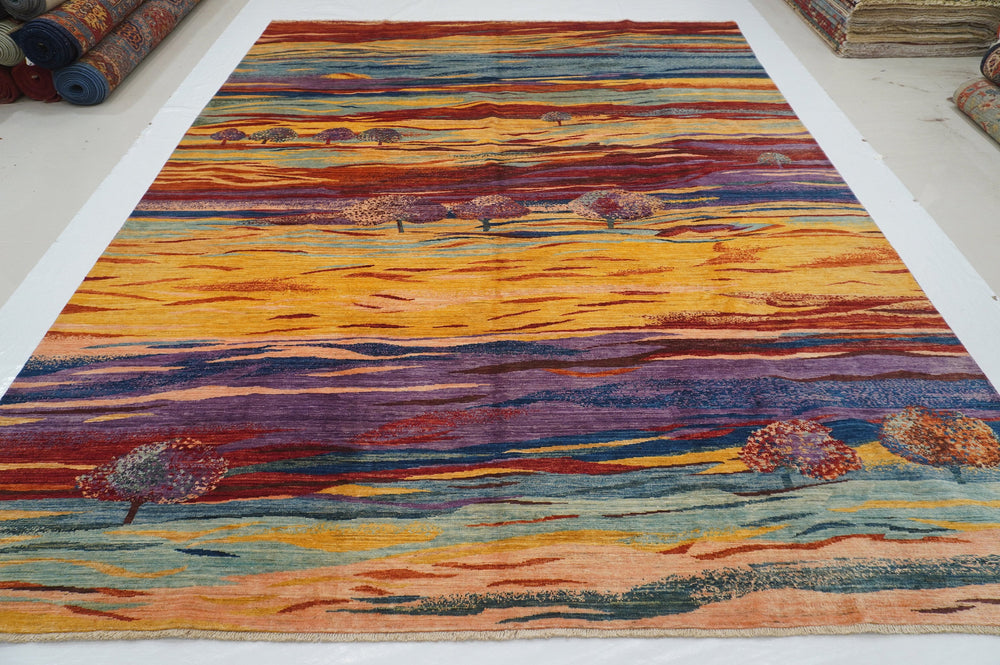 9x12 Multicolor Gabbeh Hazy sunset landscape trees Afghan Hand knotted Rug - Yildiz Rugs