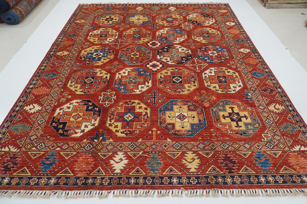 8x10 Red Ersari Afghan hand knotted Geometric Oriental Rug - Yildiz Rugs