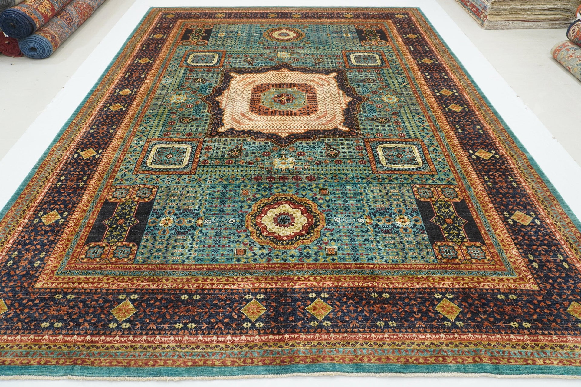 9x12 Turquoise Blue Mamluk Turkish Hand Knotted Medallion Rug - Yildiz Rugs