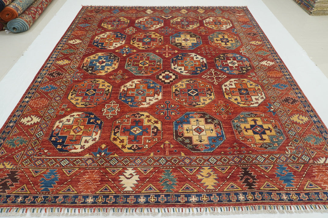 8x10 Red Ersari Afghan hand knotted Geometric Oriental Rug - Yildiz Rugs