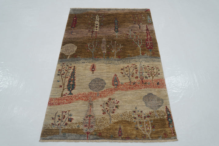 3x5 Gray Brown Gabbeh Afghan Hand wool Landscape Rug - Yildiz Rugs