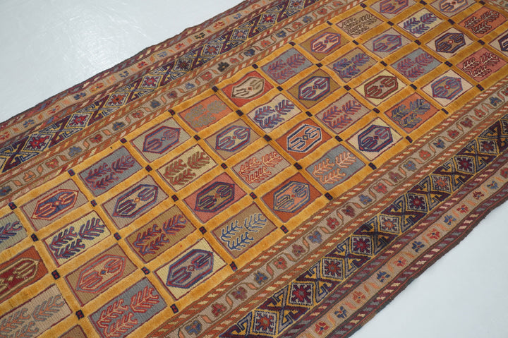 6 ft Gold Vintage Afghan High Low Hand Knotted / Woven Barjesta Kilim Runner Rug