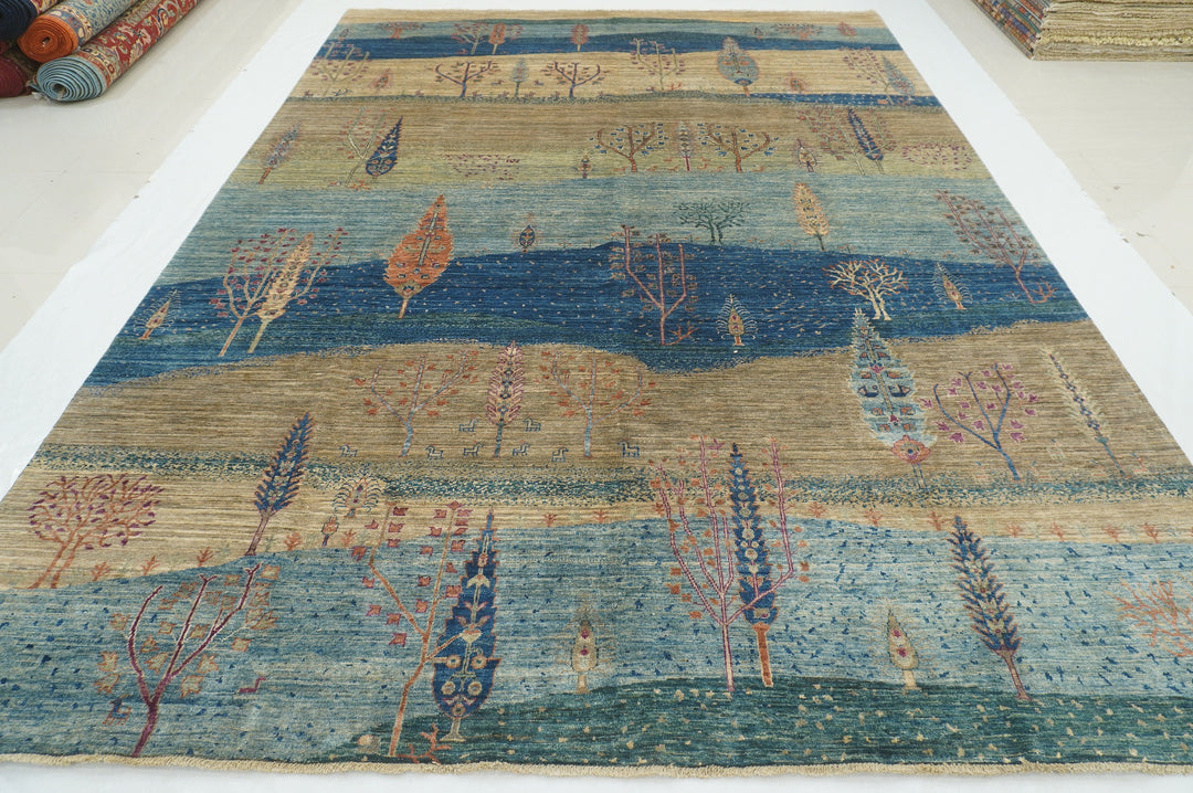 9x12 Blue Gabbeh Landscape Tribal Afghan Hand knotted Wool Rug