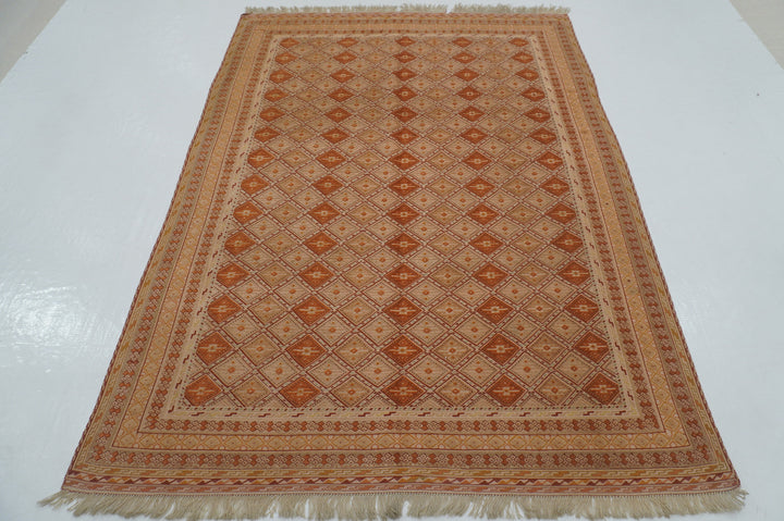 5x7 Beige Vintage Afghan High Low Hand Knotted Woven Barjesta Kilim Rug - Yildiz Rugs