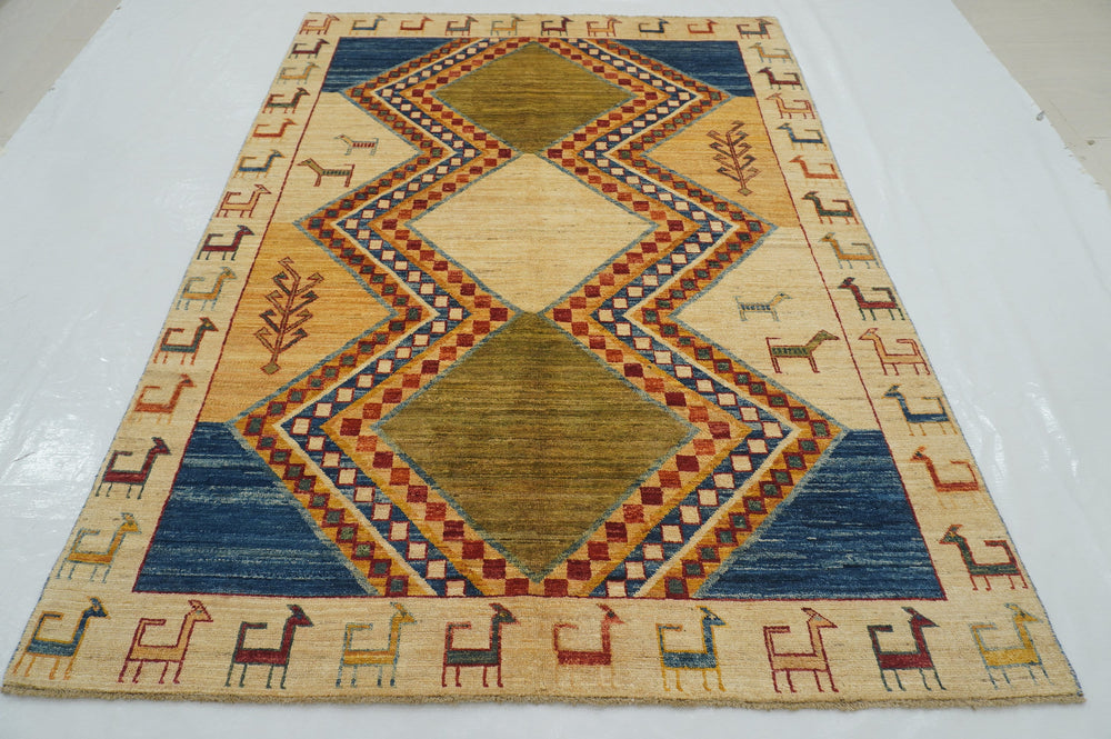 6x8 Beige Tribal Gabbeh Afghan Handmade Thick wooly Rug - Yildiz Rugs