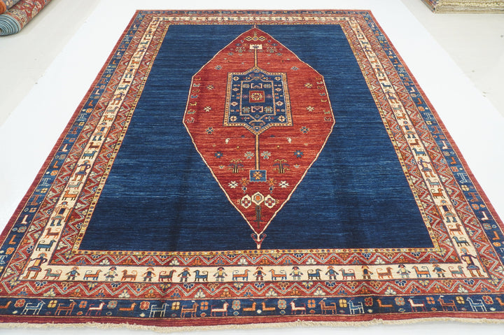 8x10 Red Navy Blue Tribal Gabbeh Afghan Nomad Qashqai Hand knotted Rug - Yildiz Rugs