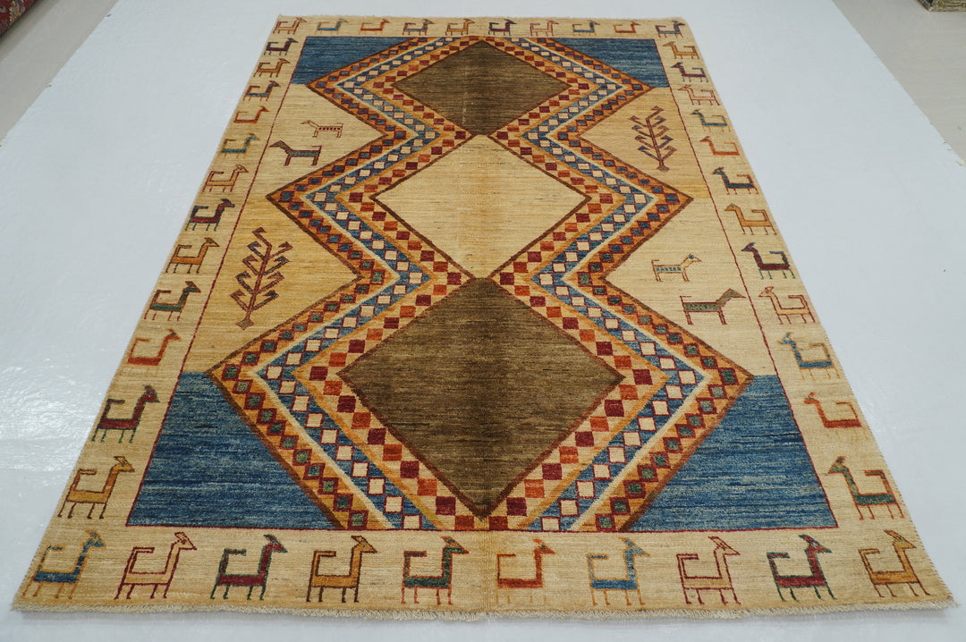 6x8 Beige Tribal Gabbeh Afghan Handmade Nomadic Rug - Yildiz Rugs