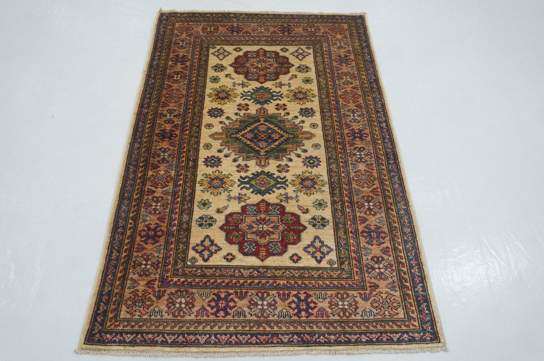 3x5 Beige Afghan Kazak Hand knotted Rug - Yildiz Rugs