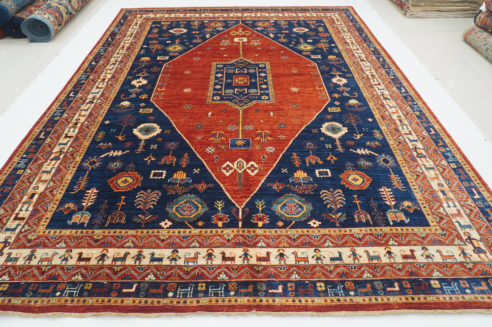 9x12 Red Navy Blue Tribal Gabbeh Nomad Qashqai Hand knotted Oriental Rug - Yildiz Rugs