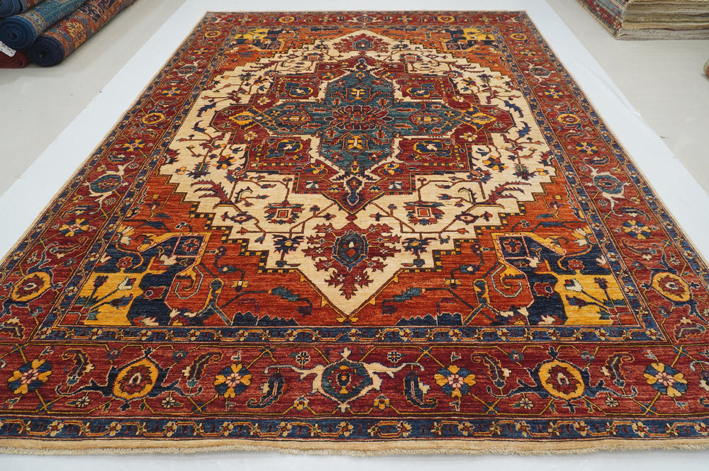 9x12 Red Beige Heriz Afghan Hand knotted Traditional Oriental Medallion Rug - Yildiz Rugs