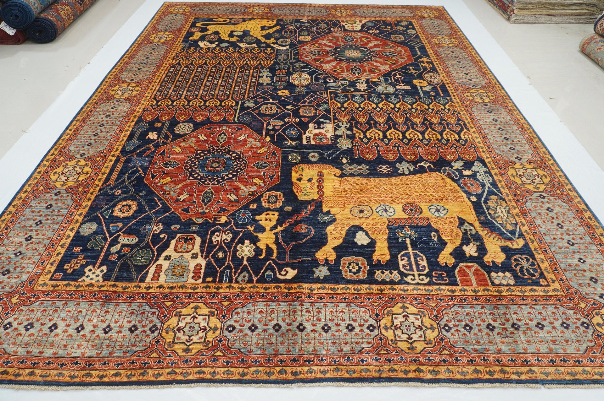 9x12 Navy Blue Tribal Lion Gabbeh Qashqai Afghan Hand Knotted Rug - Yildiz Rugs