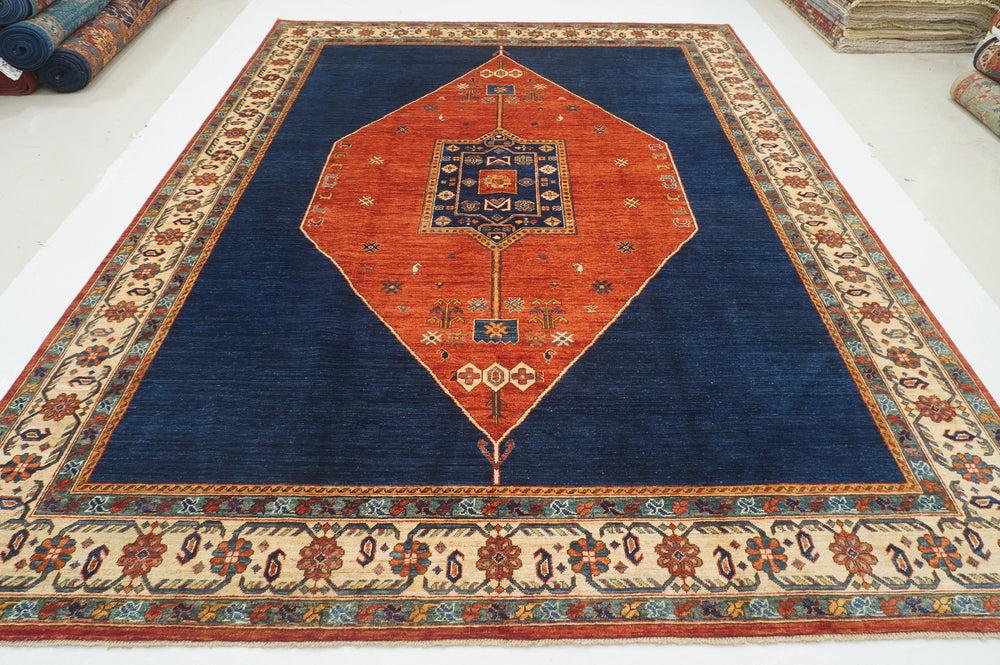 9x12 Navy Blue Tribal Gabbeh Nomadic Qashqai Hand knotted Oriental Rug - Yildiz Rugs