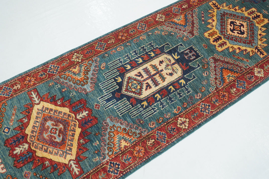 14 Ft Green Malayer Afghan hand knotted Oriental Runner Rug