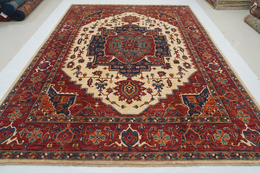 9x12 Red Ivory Serapi Afghan Hand Knotted Oriental Rug - Yildiz Rugs