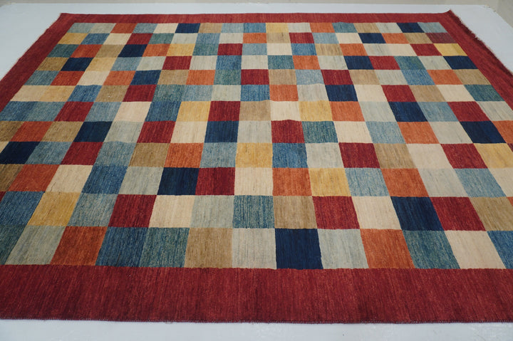 9x12 Red Gabbeh Checkered Box Afghan Hand knotted Abstract Rug - Yildiz Rugs