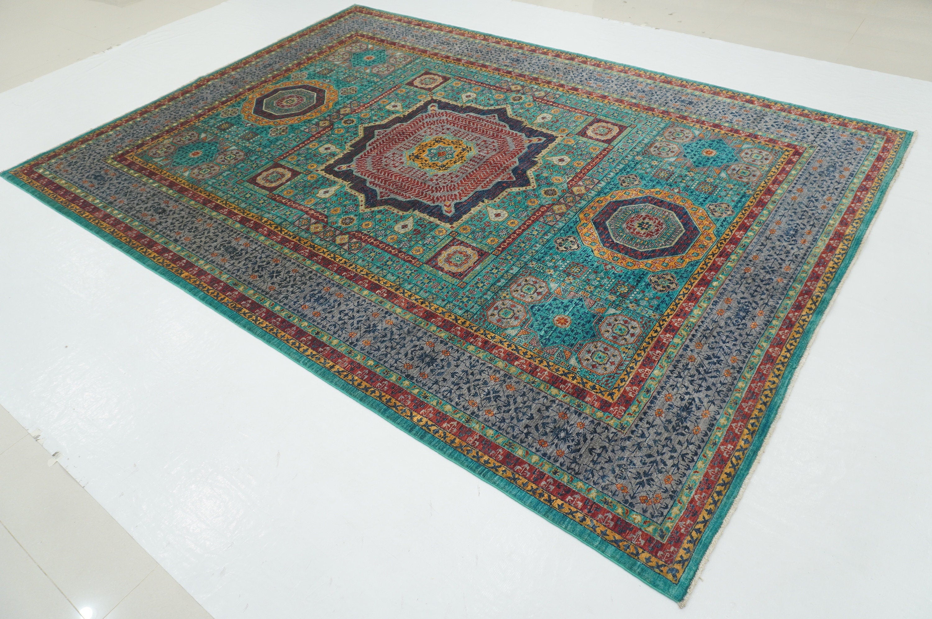 7x10 Turquoise Blue Mamluk Fine Hand knotted Turkish Medallion Rug - Yildiz Rugs