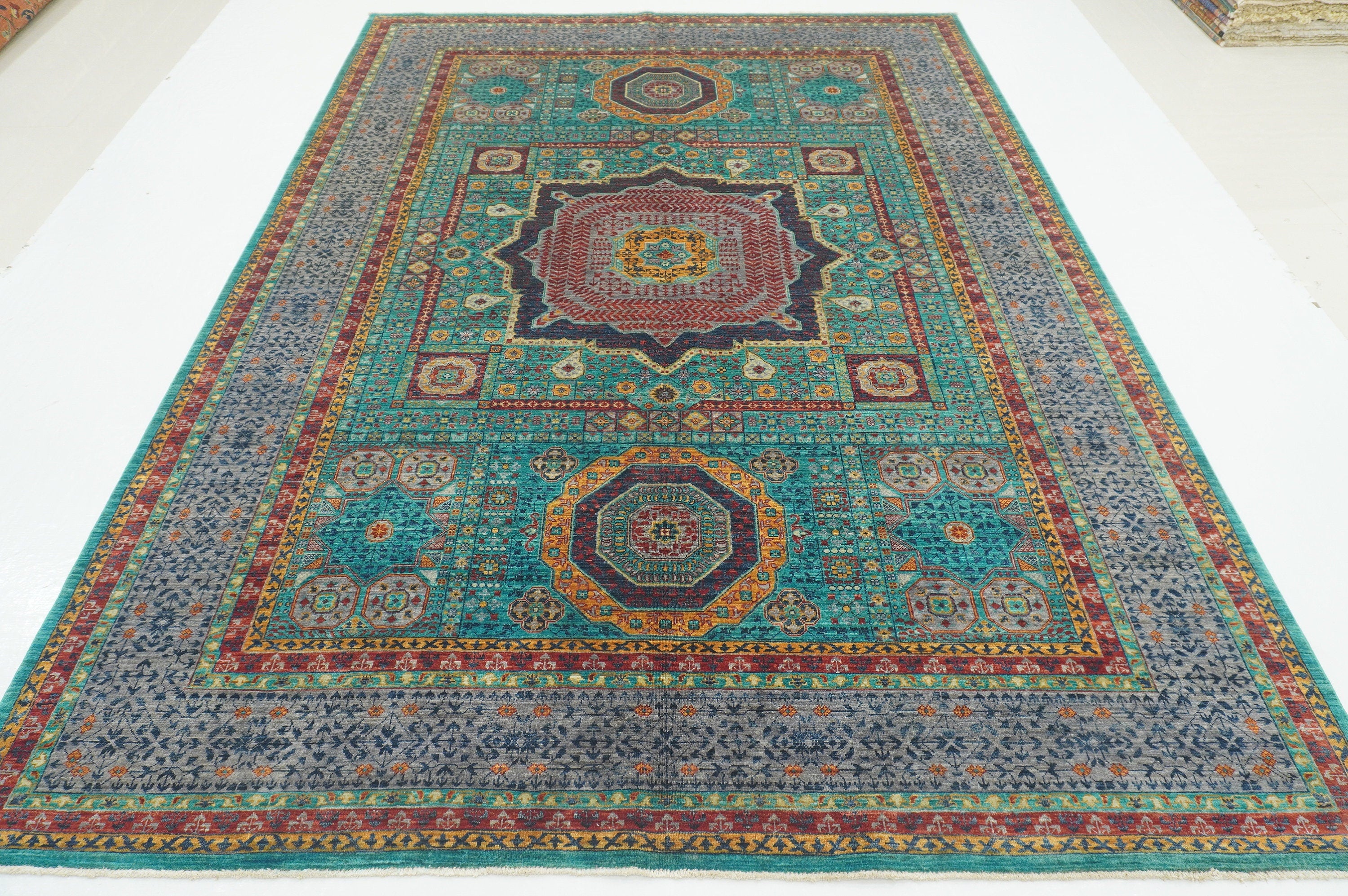 7x10 Turquoise Blue Mamluk Fine Hand knotted Turkish Medallion Rug - Yildiz Rugs