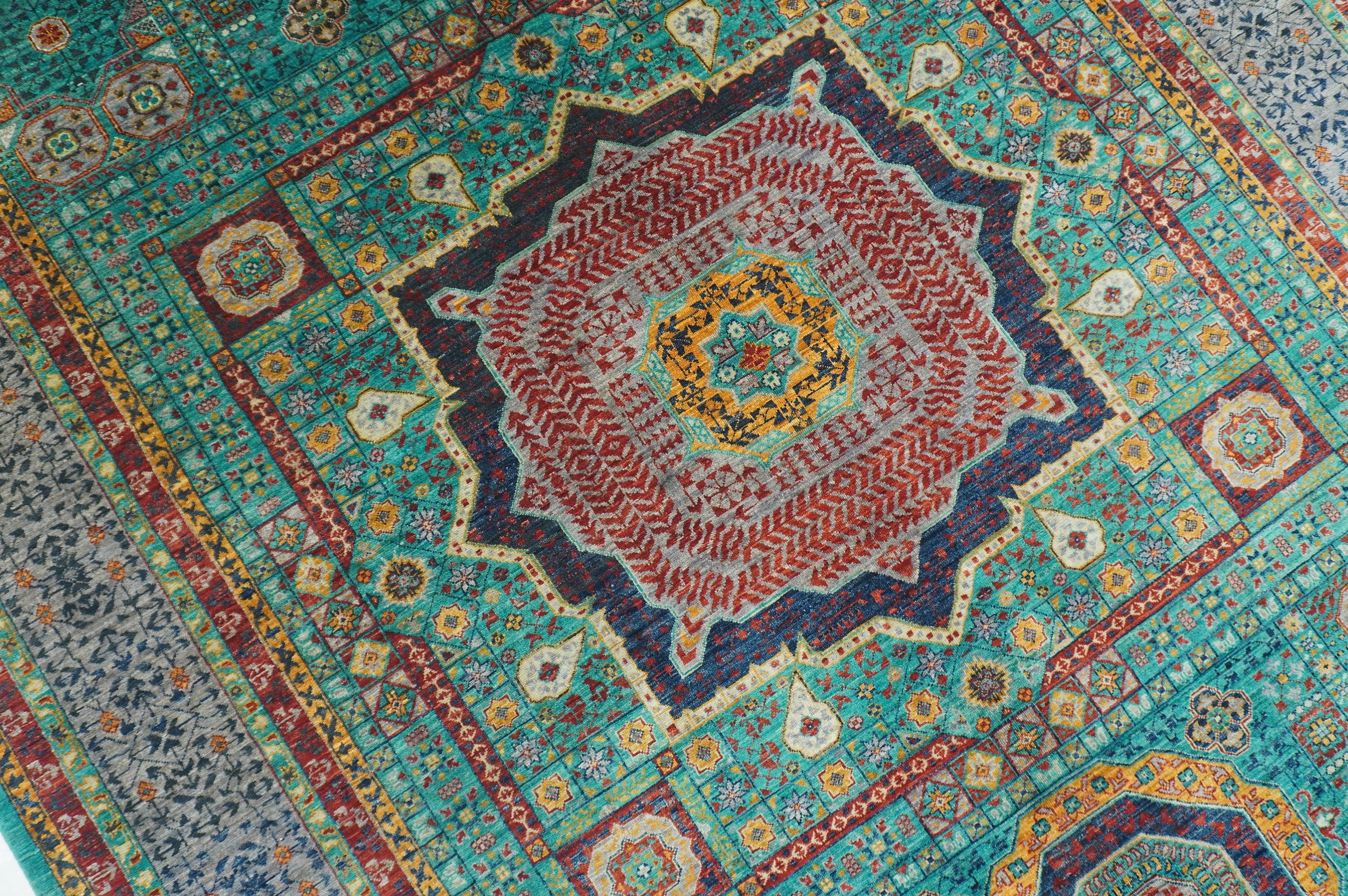 7x10 Turquoise Blue Mamluk Fine Hand knotted Turkish Medallion Rug - Yildiz Rugs