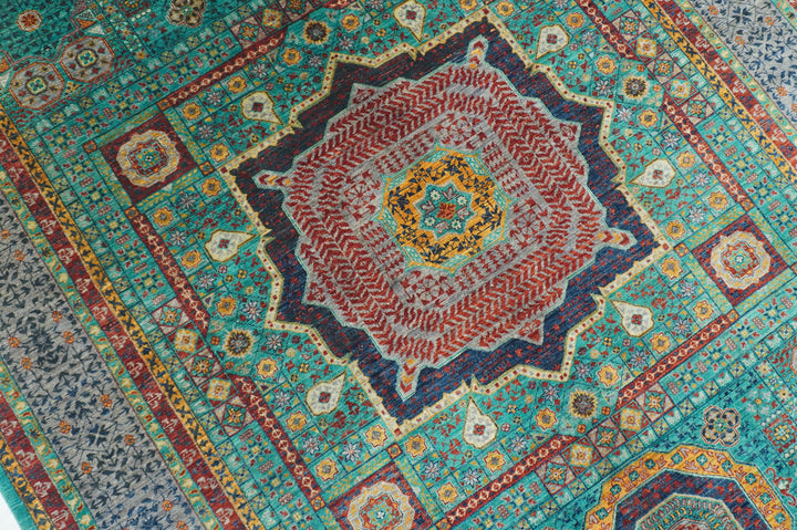 7x10 Turquoise Blue Mamluk Fine Hand knotted Turkish Medallion Rug - Yildiz Rugs