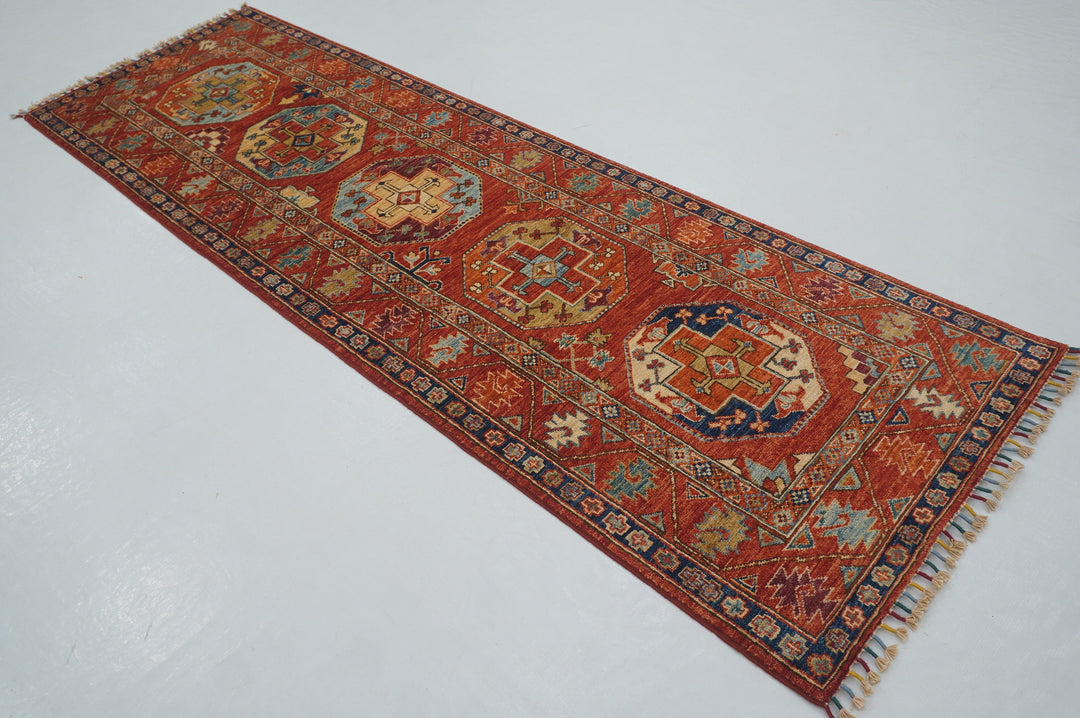 9 Ft Red Ersari Turkmen hand knotted Runner Rug - Yildiz Rugs