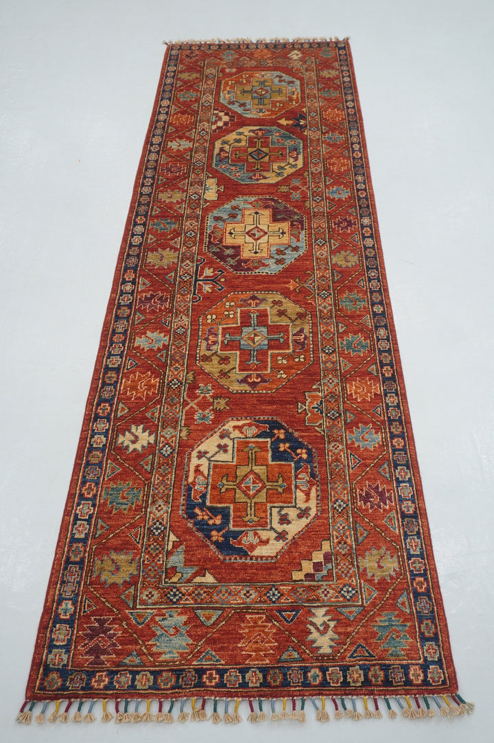 9 Ft Red Ersari Turkmen hand knotted Runner Rug - Yildiz Rugs