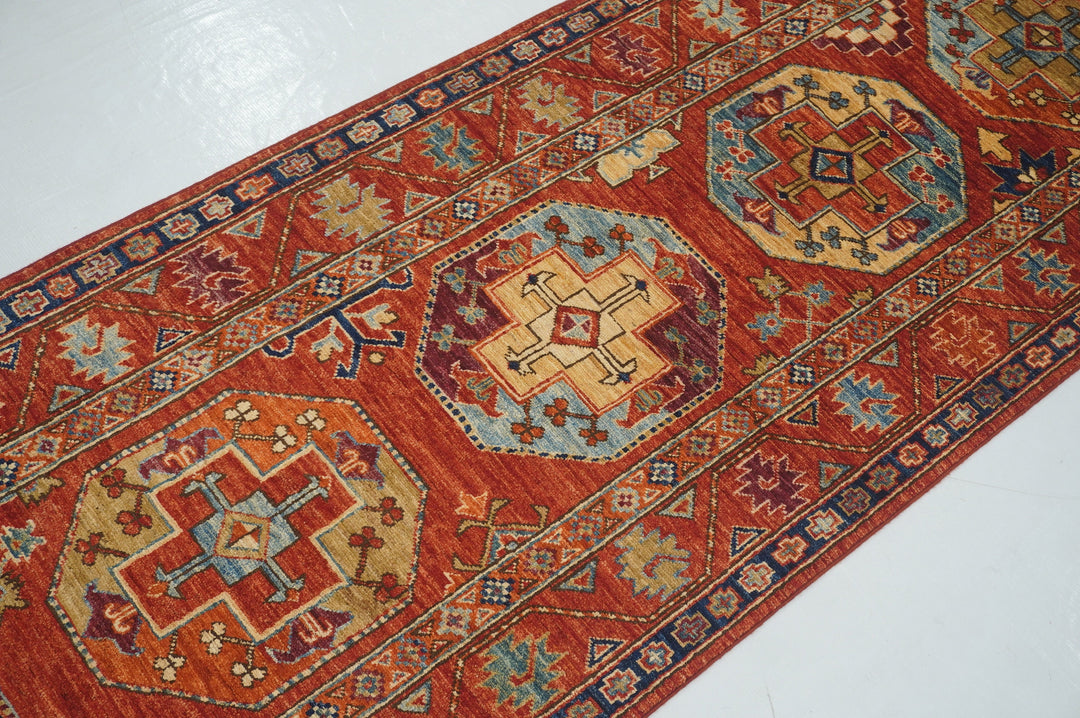 9 Ft Red Ersari Turkmen hand knotted Runner Rug - Yildiz Rugs