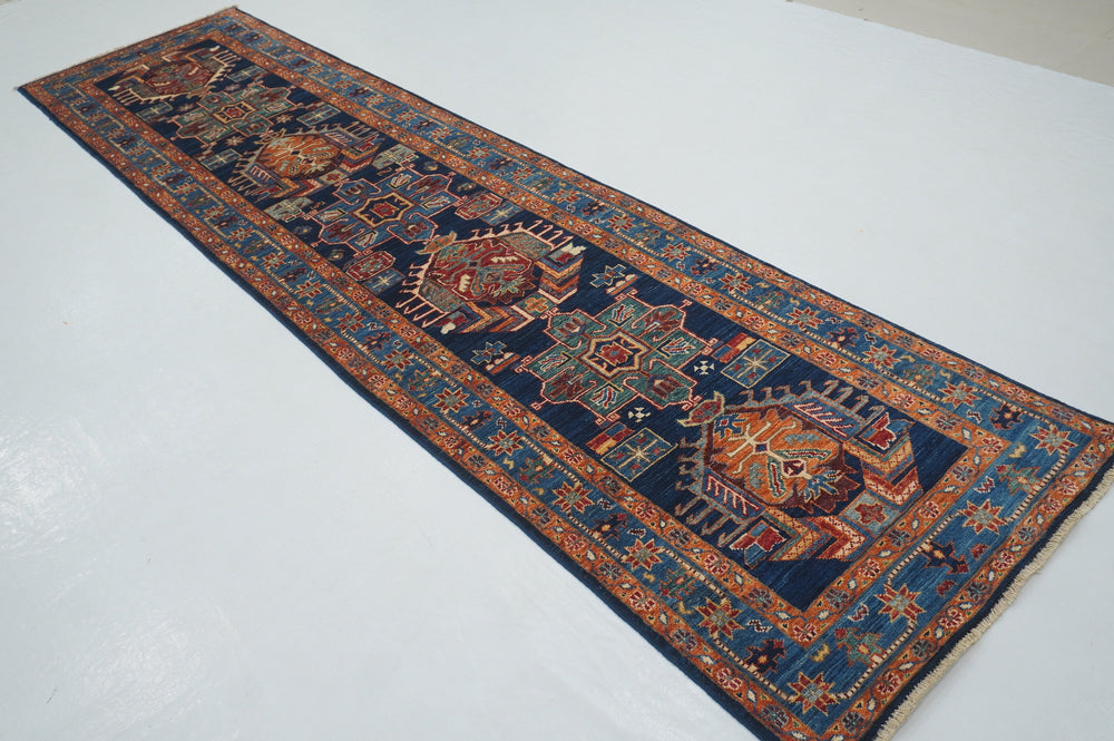 11 ft Navy Blue Karaja Traditional Afghan Hand knotted Oriental Runner Rug - Yildiz Rugs