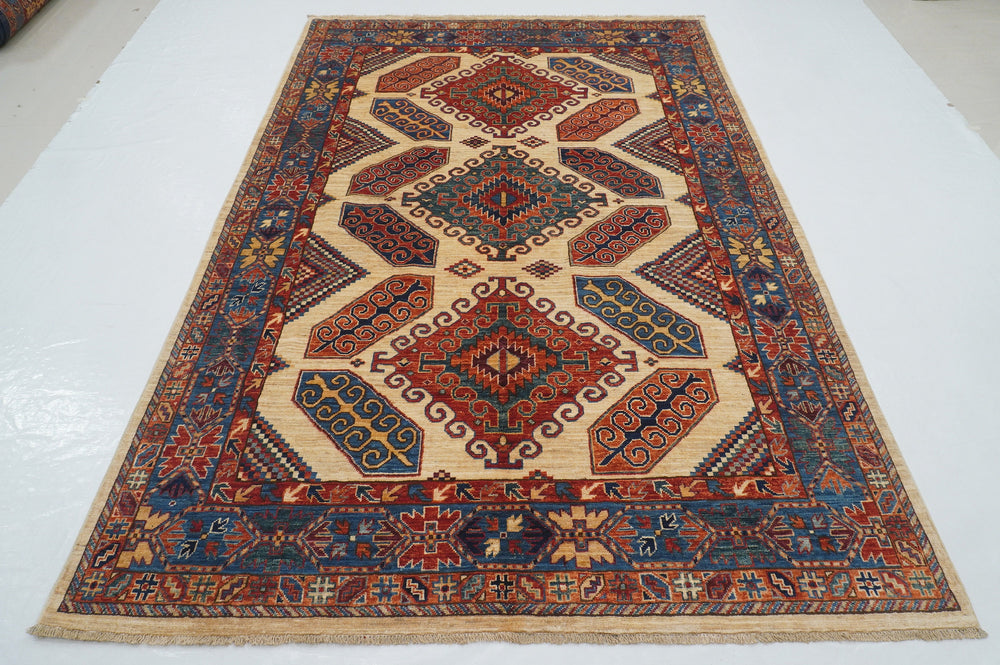 6x9 Beige Eagle Kazak Tribal Afghan Hand knotted Oriental Rug - Yildiz Rugs