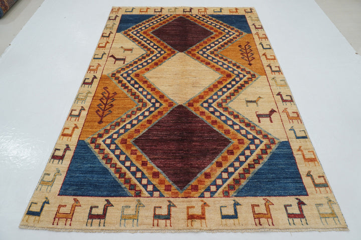 5x8 Beige Gabbeh Tribal Afghan Hand knotted wool Rug - Yildiz Rugs