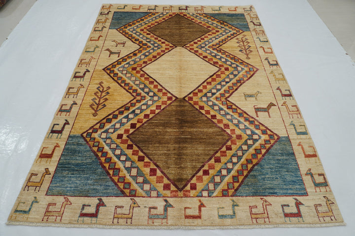 6x8 Beige Gabbeh Tribal Afghan Hand knotted Rug - Yildiz Rugs