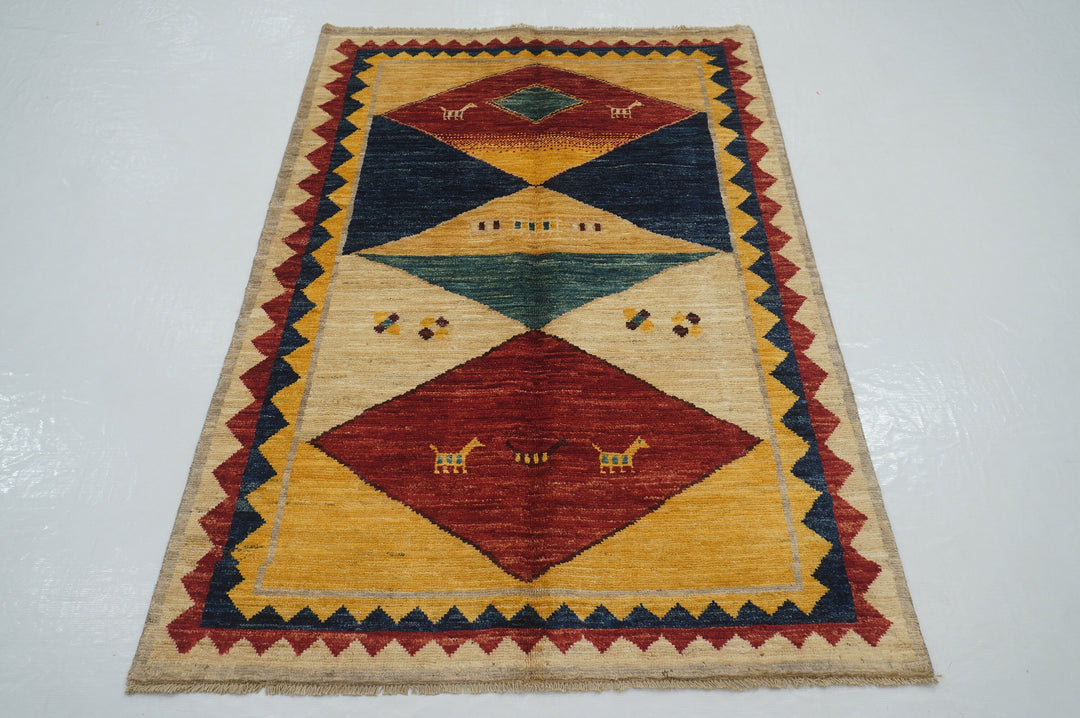 4x6 Beige Red Tribal Gabbeh Multicolor Afghan Hand knotted rug