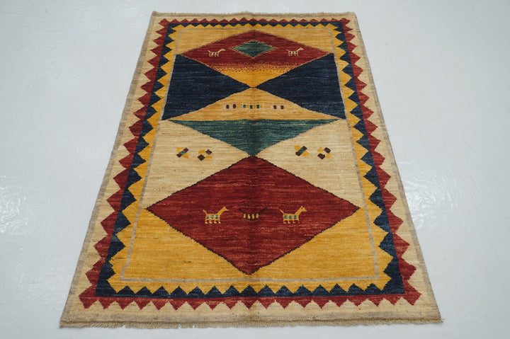 4x6 Beige Red Tribal Gabbeh Multicolor Afghan Hand knotted rug - Yildiz Rugs