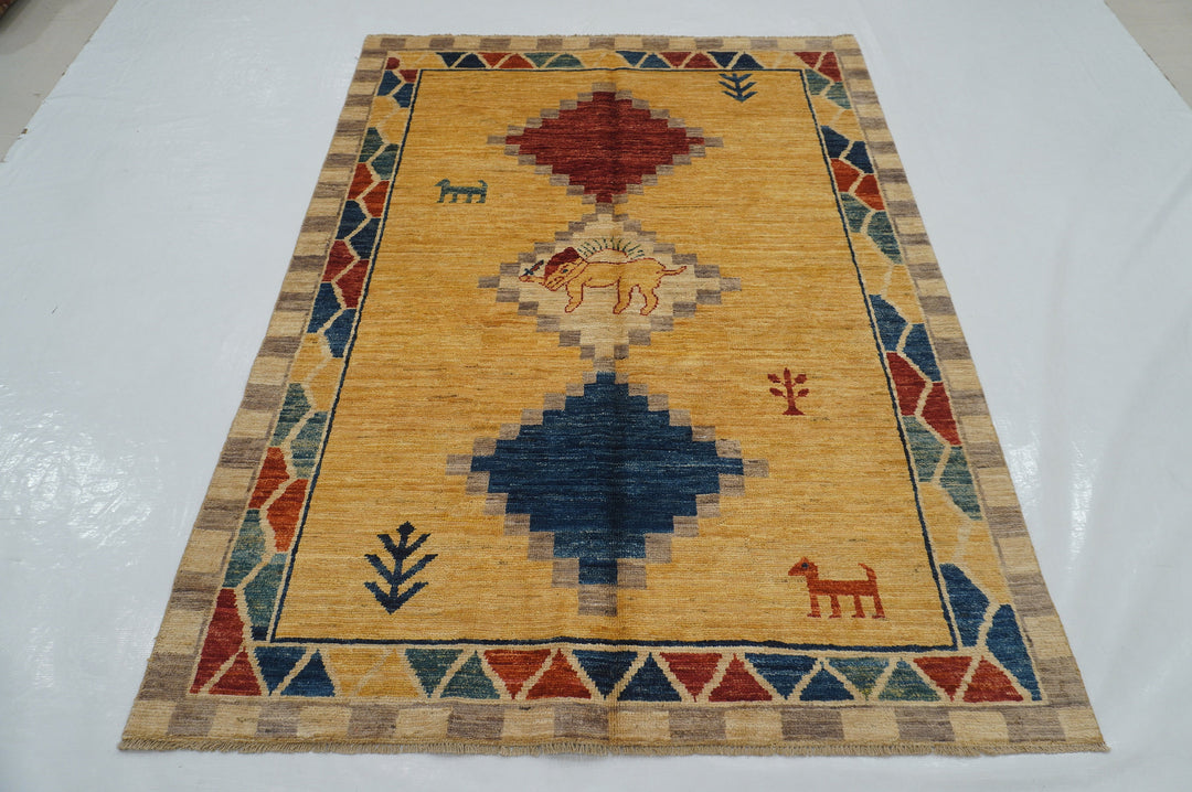 5x7 Gold Gabbeh Afghan Hand knotted wool Rug - Yildiz Rugs