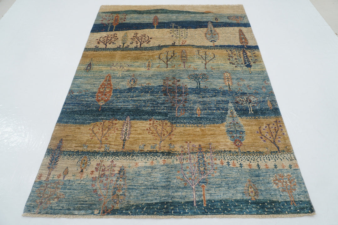 5x7 Blue Beige Gabbeh Landscape Tree of Life Afghan Hand knotted Rug