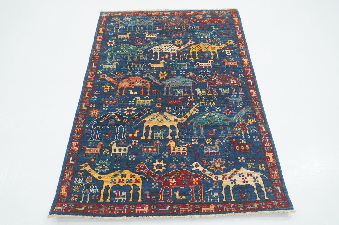 3x5 Dark Blue Tribal Animal Gabbeh Hand knotted Rug - Yildiz Rugs