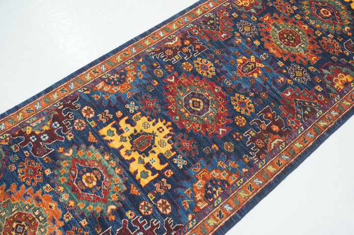 10 Ft Navy Blue Baluch Samarkand Afghan Hand Knotted Oriental Runner Rug - Yildiz Rugs