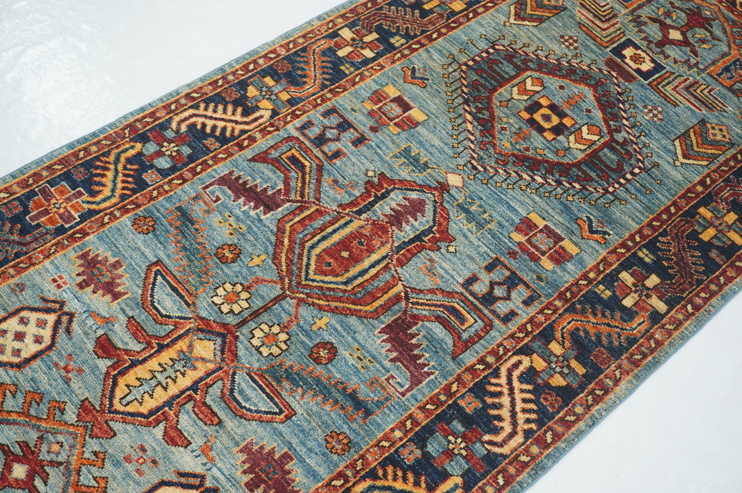 SOLD 7 ft Blue Heriz Afghan Hand knotted Oriental Runner Rug