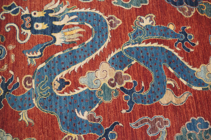 SOLD 10 ft Red Dragon Chinese Style Afghan Hand knotted Wool Runner Rug