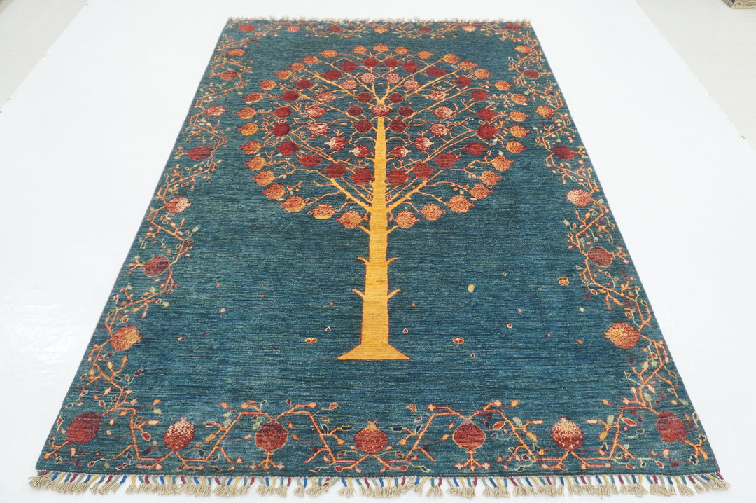 6x8 Greenish Blue Gabbeh Tribal Tree of Life Afghan Hand knotted Area Rug - Yildiz Rugs