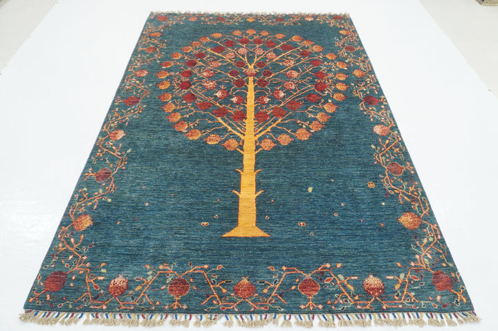 6x8 Greenish Blue Gabbeh Tribal Tree of Life Afghan Hand knotted Area Rug - Yildiz Rugs