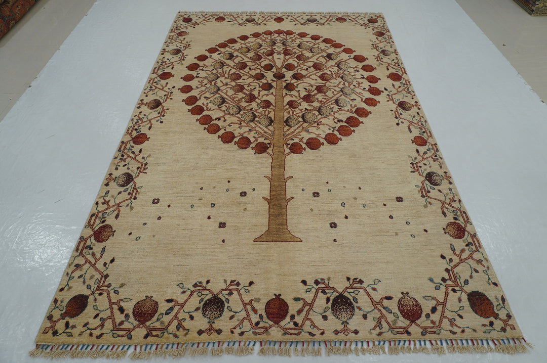 6x9 Beige Gabbeh Tribal Tree of Life Afghan Hand knotted Area Rug