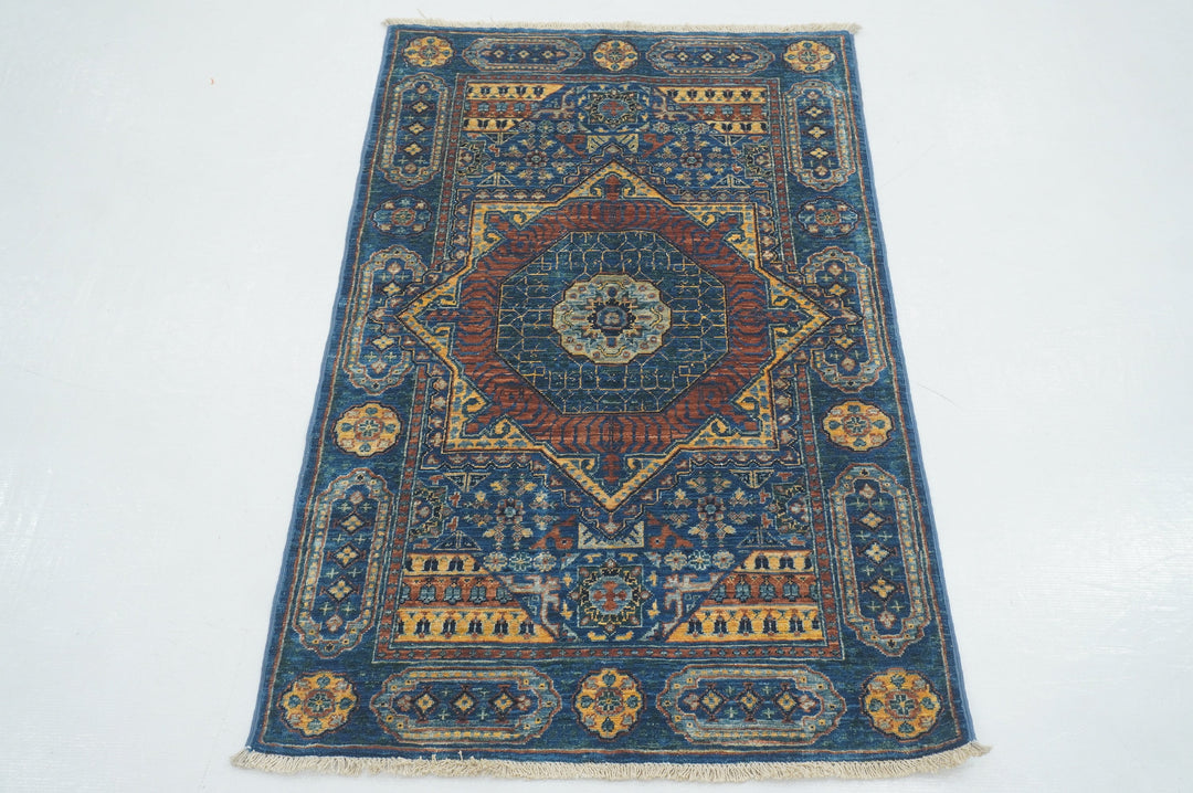 3x4 Dark Blue Mamluk Hand knotted Turkish Medallion Rug - Yildiz Rugs