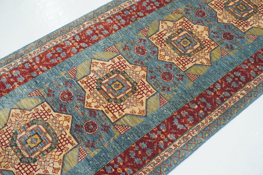 8 ft Blue Mamluk Hand knotted Wool Turkish Medallion Runner Rug - Yildiz Rugs