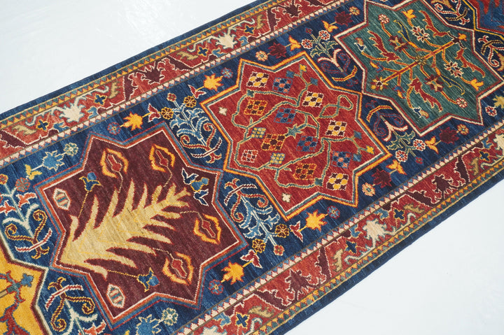 12 Ft Navy Blue Bakhtiari Afghan hand knotted Tribal Runner Rug - Yildiz Rugs