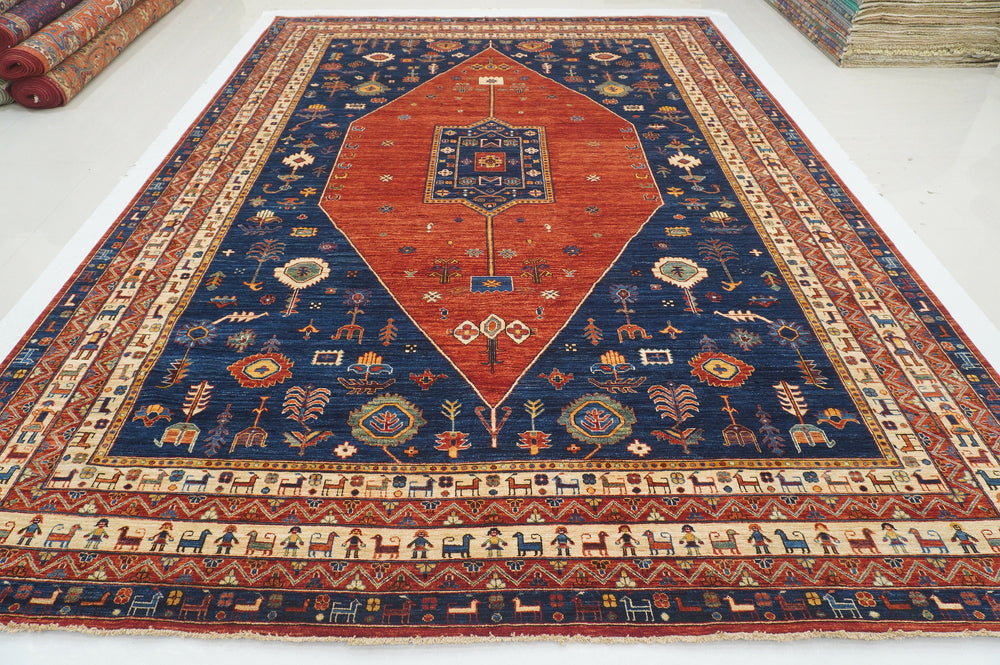 10x14 Red Navy Blue Tribal Gabbeh Nomad Qashqai Hand knotted Oriental Rug - Yildiz Rugs