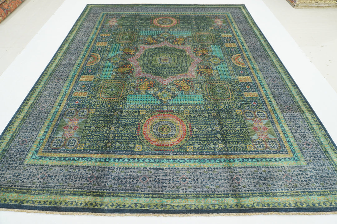 8x10 Navy Blue Green Mamluk Hand knotted Medallion Turkish Rug - Yildiz Rugs