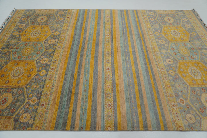 7x10 Blueish Gray Striped Muted soft colors Afghan Hand knotted Rug - Yildiz Rugs