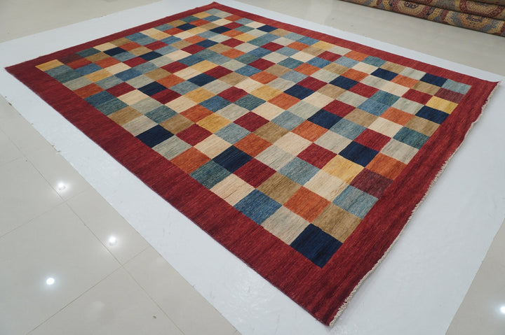 9x12 Red Gabbeh Checkered Box Afghan Hand knotted Abstract Rug - Yildiz Rugs