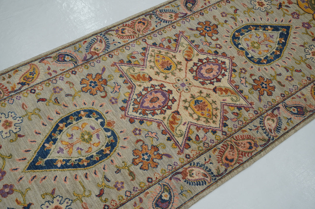 10 ft Gray Suzani Afghan hand knotted Floral Runner Rug - Yildiz Rugs